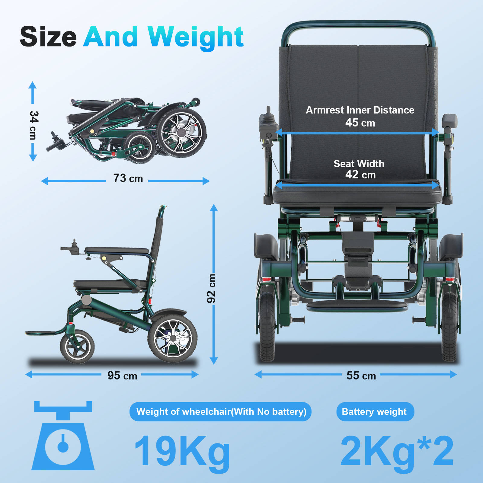 Ultra Lightweight Airline friendly Electric Wheelchair 2E-AG – Aurora Green (19kg, 600W, 24Ah) 2 * 12AH battery