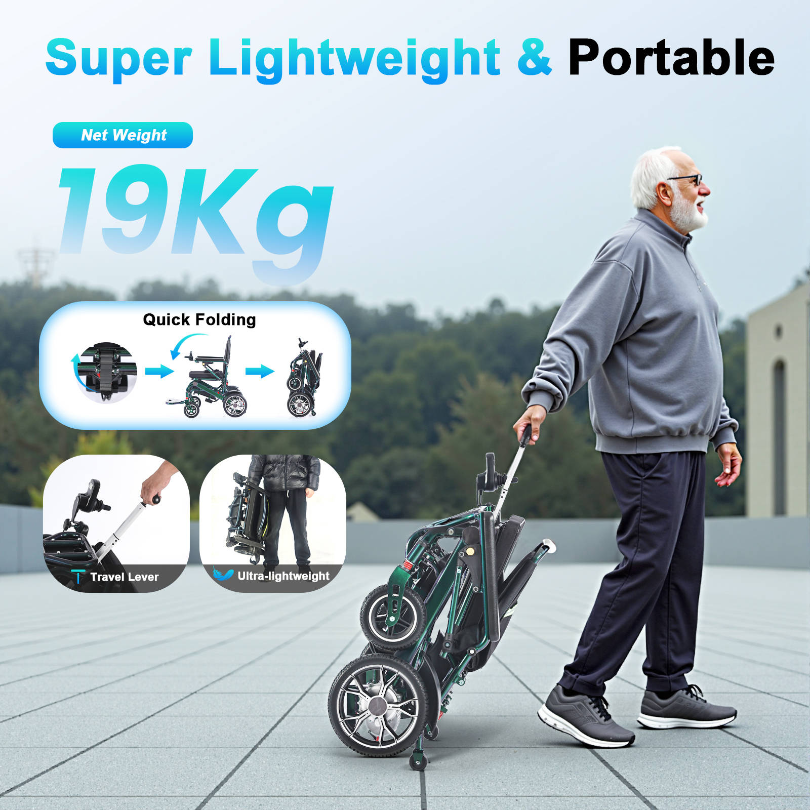 Ultra Lightweight Airline friendly Electric Wheelchair 2E-AG – Aurora Green (19kg, 600W, 24Ah) 2 * 12AH battery